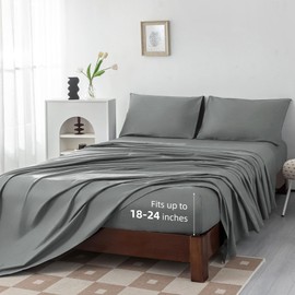 Levoo 100% Egyptian Cotton Sheets Queen Size Set 18"-24" Extra Deep Pocket Queen Sheets Set Soft Breathable Cooling 4Pcs Bed Sheets with 1 Flat Sheet, 1 Fitted Sheet, 2 Pillowcases (Queen, Dark Gray)