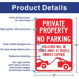 "Private Property No Parking - Violators Will Be Towed Away at Vehicle Owner's Expense" Sign, Reflective .40 Rust Free Aluminum 14 x 10, UV Protected, Weather Resistant, Waterproof, Durable Ink