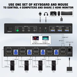 USB 3.0 Displayport+HDMI Dual Monitor KVM Switch for 4 PCs, 4K 60Hz KVM Switch 2 Monitors 4 Computers, with Audio Microphone Output and 3 USB 3.0 Ports, HDMI+DP Monitor Switch for 4 PCs 2 Monitors