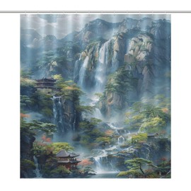 LITINGZHILONG Japanese Landscape Ink Theme Shower Curtain, Asian Landscape Ink Oriental Ink Watercolor Mountain Tree Abstract Shower Curtain, Green Printed Bathroom Shower Curtain 12 Hooks 66x72In