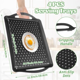LOPYXBR 4 PCS Non-Slip Plastic Serving Trays with Handles Black Grill Prep Trays for Prep Carry Rectangular Plastic Food Tray for Serving Food, Snack,Breakfast Drink(16.5x11.4x1.6 inch)