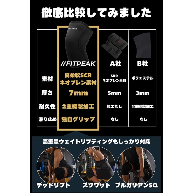 FITPEAK ニースリーブ 筋トレ 【全米NSCA-CPT認定トレーナー推薦】ニーラップ ニーサポーター 膝サポーター ウェイトリフティング スクワット 厚さ7mm 人間工学に基づくデザイン