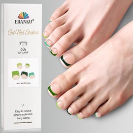 EBANKU 32Pcs Semi-Cured Gel Nail Strips Toes, Green Deep French Gel Nails Strips for Toes, Long-Lasting French Manicure Stickers Salon Nails at Home Requires UV Light with Nail File&Stick