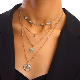 GIGB PBDK Multilayer Dainty Bead Circle Pendant Necklace,Stacking Turquoise Bead Choker,Aesthetic Anniversary Jewelry Gift for Women (Cross)