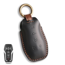 Rulansda fits for Ford Key Fob Cover . Compatible with F150 Edge Explorer Mustang Fusion Nautilus MKZ MKC Fits for Lincoln 5 Button Smart Leather Car Key Protector Fob Chain/Black