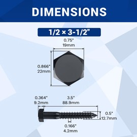 1/2 x 3-1/2" Black Hex Head Lag Screws Bolts (8 pcs), 304 Stainless Steel 18/8, Black Oxide Coated, Partial Thread, Deck Screws, Heavy Duty Hex Head Wood Lag Screws, Fayeploo