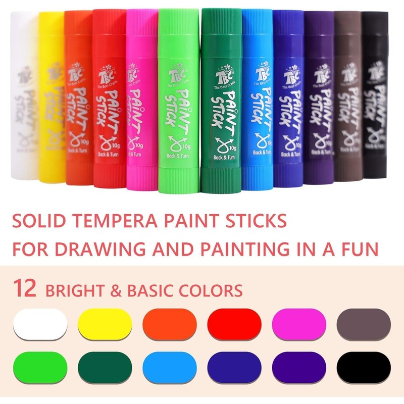 TBC The Best Crafts Paint Sticks,12 Classic Colors, Washable, Non-toxic,