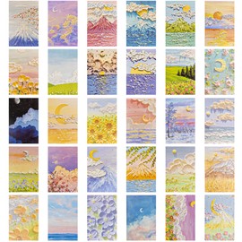 Sunch Craft 60 Sheets Vintage Oil Painting Postcards 3D Aesthetics Art Greeting Cards Flower Moon Sea Pattern Postcards