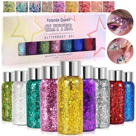 9 Bottles Glitter for Face Body, Face Glitter, Body Glitter Gel, Make-Up, with 1 Small Spoon, for Christmas Festival Masquerade (White/Gold/Silver/Pink/Green/Purple/Red/Royal Blue/Blue)