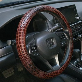 Follicomfy Crocodile Grain Leather Four Seasons Universal Car Steering Wheel Cover Sport Cute Handle Case for Men Auto Interior Accessories, Brown