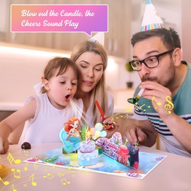 D24TIME Musical Birthday Card for Girl - Mermaid Pop Up Bday Card with Music & Lights & Blowable Candle, 3D Happy Birthday Card for Kids Daughter Grandaughter