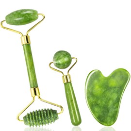 Rodillo de jade para de masaje de raspado Gua Sha de la cara, CoWalkers Facial natural Jade Stone Set Rodillo de masaje de la piel para el cuidado de la piel del cuello del ojo facial (Verde)