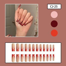 Heart Press on Nails Long Square Fake Nails with Glitter Design Red French tips Glue On Nails Glossy Reusable Acrylic Nail Artificial Valentines False Nail for Women Manicure 24pcs
