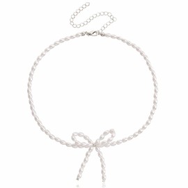 Boho Pearl Bow Choker Necklace Gold Silver Plated Vintage Round Bowknot Ribbon Bow Tie Pearl Beaded Chic Crystal Chain Necklace for Women Wedding Birthday Christmas Party Trendy Jewelry Gifts (Pearl bow necklace)