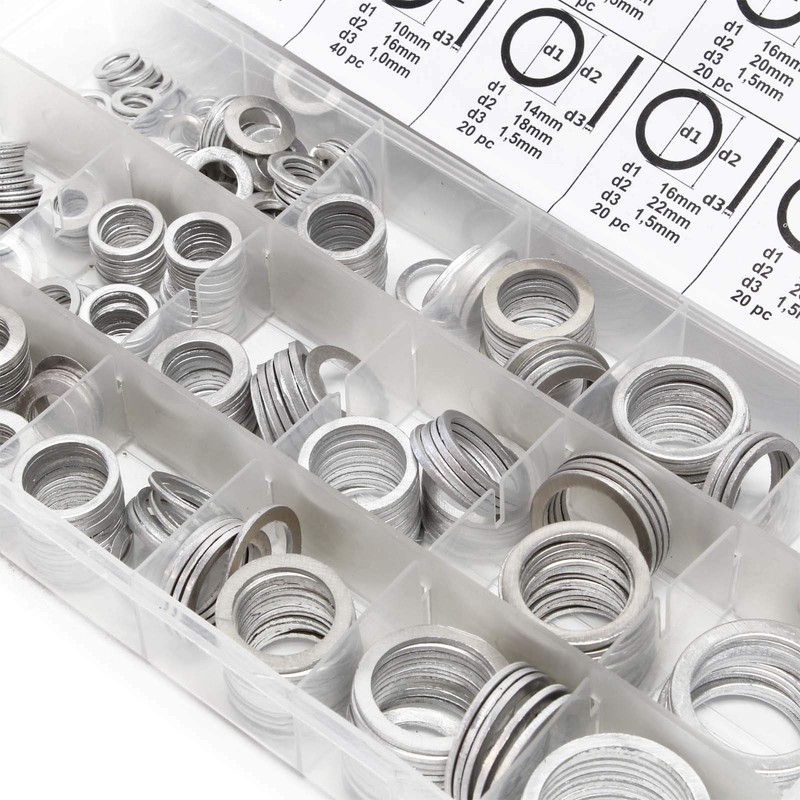 Aluminium sealing ring set, 450 pieces in clear plastic box
