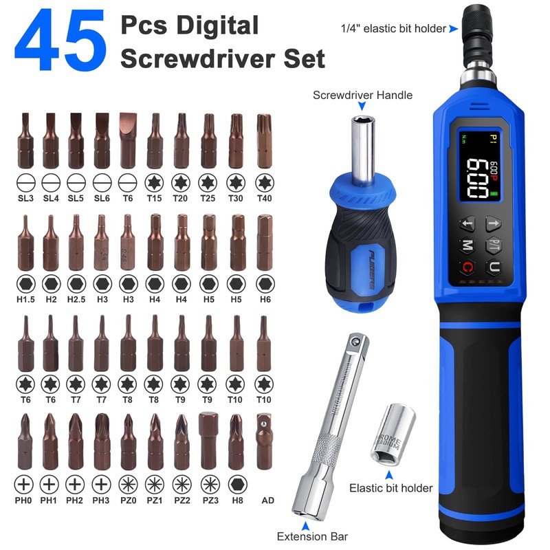 PUIBERS 46 Pcs Digital Torque Screwdriver Set 1/4",0.8-53.2 LB.IN Adjustable