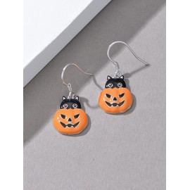 Pumpkin Earrings for Women 925 Sterling Silver Cat Halloween Dangle Earrings Halloween Gifts for Women