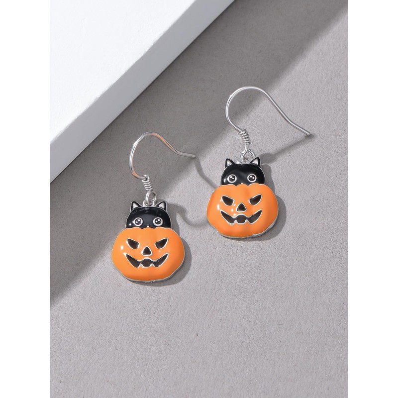 Pumpkin Earrings for Women 925 Sterling Silver Cat Halloween Dangle