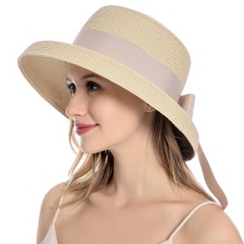 Muryobao Women's Sun Hat Straw Hat Summer UV Protection Travel Foldable Brim Bucket Hat Vintage Bell Beach Fishing Cap, beige