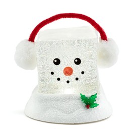 Napco 52811 Light-Up Ice Cube Shaped Snowman with Ear Muffs Red, White 7.25 x 7 Inches Plastic Holiday Water Glitter Globe
