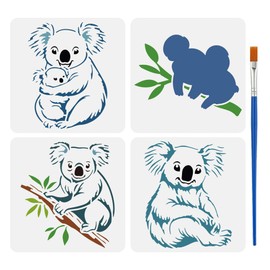 FINGERINSPIRE Set of 4 Koala Painting Stencils with Brush 15 x 15 cm Apple Koala on Tree Pattern Drawing Template Cute Animal DIY Decoration Stencil for Painting on Wood, Walls, Fabrics and Furniture