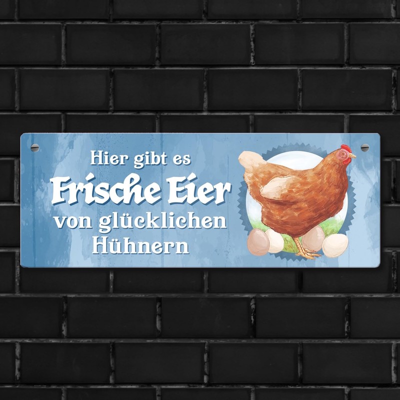 Fresh Eggs of Happy Chickens Metal Sign L in 10.5