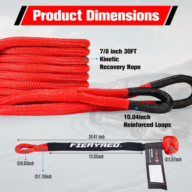 FieryRed Kinetic Recovery Rope Kit with 2 Soft Shackles, 7/8