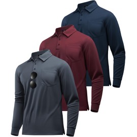 ZITY 3 Pack Long Sleeve Polo Shirts for Men with Pocket Moisture Wicking Outdoor Workwear Office Casual Collared Shirts Fall, Grey+Wine Red+Navy L