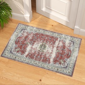 Vintage Rugs for Entryway, 1.6x2.6 Washable Low Pile Rug, Small Front Door Non-Slip Area Rug for Kitchen, Throw Rugs with Rubber Backing, Soft Boho Indoor Entrance Bedroom Entry Carpet mat (Red)