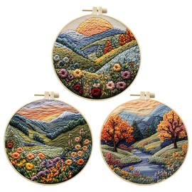 3 Sets Embroidery Starter Kit for Adult Beginner with Landscape Tree Mountain River Floral Nature Scenery Pattern Hand Embroidery Set DIY Cross Stitch Kits with Hoops Needles Threads