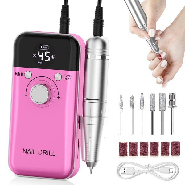 Electric Nail Drill File,Professional 45000RPM Nail E-File Machine Kit,Portable Cordless