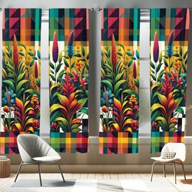Ambesonne Botanical Window Curtains Pack of 2, Colorful Design with Abstract Nature Elements and Cherry Geometric Shapes, Lightweight Set & Rod Pocket, 4 Panels of - 28" x 63", Multicolor