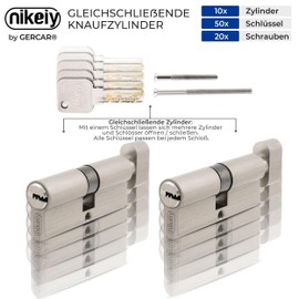 GERCAR Pro 2x Knob Cylinder 40/40 Keyed Alike Set 2 Locking Cylinders with Knob Including 10 Keys - 80 mm Door Lock Cylinder Lock 2 Cylinder - Length: 80 mm, A:40 B:40 - Matt Brass Solid