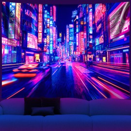 City Blacklight Tapestry, Japanese Anime Tapestry Punk Game Fantasy Night View Cityscape Futuristic Neon Art Wall Hanging Tapestries for Bedroom Decor 59x51in