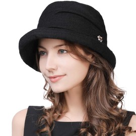 Fancet Ladies Wool Cloche Hat 1920s Bowler Hat for Womens Vintage Bucket Hat Winter Hats Black