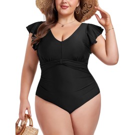ZOMVA Plus Size Womens Swimsuit One Piece Tummy Control Bathing Suit Ruffle Sleeve Full Coverage Swimwear, Black, XXL
