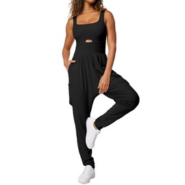 Casei Jumpsuits for Women Casual Summer Rompers Sleeveless Loose Strap Baggy Overalls Yoga Harem Jumpers with Pockets(Black,M)