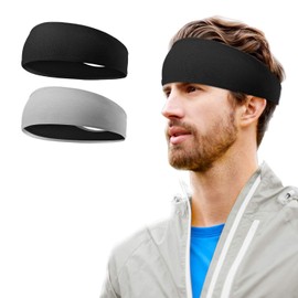 UTOMAG Sports Headbands for Men and Women - Non-Slip Workout Sweatband Headband Stretchy Moisture Wicking Hair Band for Jogging, Running, Cycling, Yoga (Pack of 2 - Black, Grey)