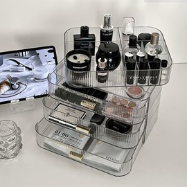 Organizador de maquillaje con cajones, organizador de cosméticos apilable, caja de almacenamiento grande organizador de maquillaje, ideal para encimera de baño y computadora (1 bandeja, transparente)