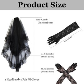 ZKFSIE 2 Piece Black Veil Brides Set, Black Lace Veil with Gloves for Weddings, Funerals, Costume Parties, Elegant Accessory for Evening Events and Gothic Fashion