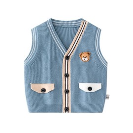 warmstraw Chaleco unisex para bebé, de punto, suave, de algodón, con cuello en V, sin mangas, Cárdigan Oso Azul, 6-12 Meses