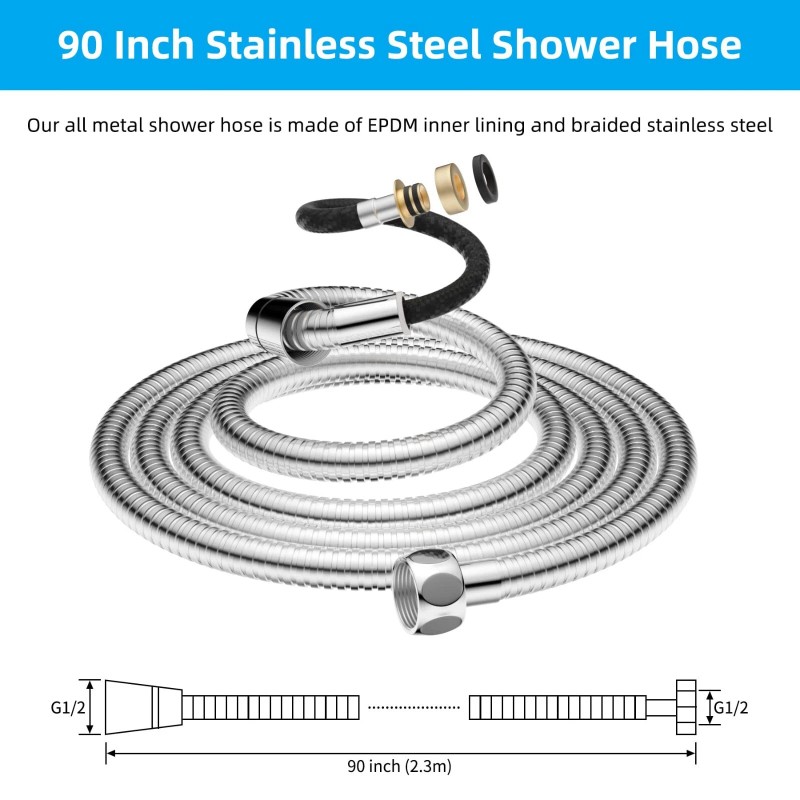 HIbbent 90'' All Metal Shower Hose, Extra Long Stainless Steel