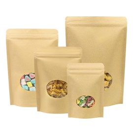 SumDirect 100Pcs Kraft Paper Bag Zip Lock,Stand-up Reusable Sealing Bag with Transparent Window and Tear Notch for Storing,Cookie,Dried Foods,Snack (7x 10 Inch-100Pcs)