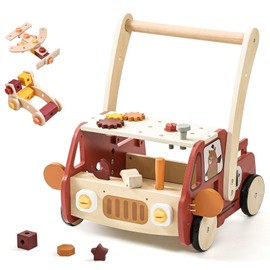 IEATFO 3-in-1 Wooden Baby Walker Adjustable Height with Tool Bench and Toy Storage Wagon - Multifunctional Toddler Push Walker Ergonomically Designed for Natural Walking - 3+ Years of Continuous Use