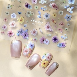 1 Sheet Flower Nail Art Stickers Colorful Dried Flower Nail Decals Cherry Blossom Design 5D Self-Adhesive Floral Nail Stickers Spring Nail Decals for Women Nails Manicure Decorations
