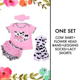 Baby Rae Pink Cow Clothing 4 in 1 Set: Cow Shirt+Head Band+Legging Socks+Shorts