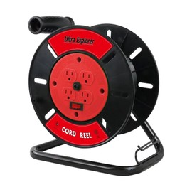 Ultra Explorer Extension Cord Storage Reel with 4-Grounded Outlets, Heavy Duty Open Cord Reel for 12/3 14/3 16/3 Power Cords, Portable Empty Hand Crank Electric Cord Roller Holder, Red