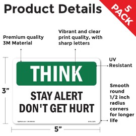 Stay Alert Don't Get Hurt OSHA Think Vinyl Decal Label 5 Inch x 3.5 Inch - 5 Pack