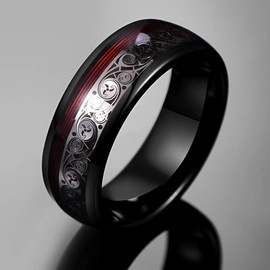 Vakki Mens Rings Black Tungsten Carbide Engagement Wedding Band with Spiral Pattern and Red Guitar String Inlay Domed Promise Ring Size 8
