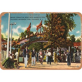 10 x 14 METAL SIGN - New Jersey Postcard - Bridge connecting beach with mammoth pool, Palisades Amusement Park, P - Vintage Rusty Look